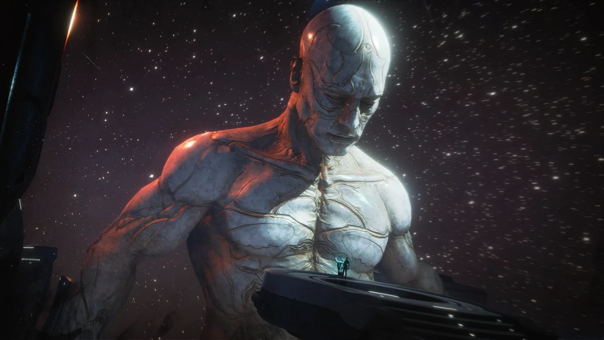 Official Warframe Tau artwork showing a towering figure beyond a small character